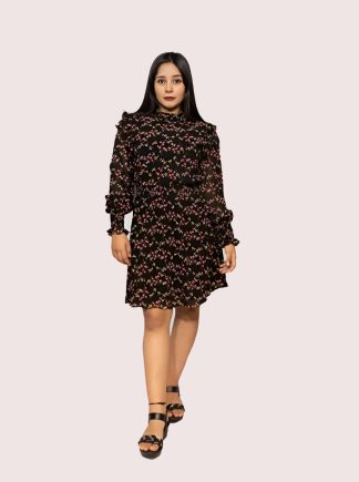 Black Ditsy Print Smoked Dress with Lining