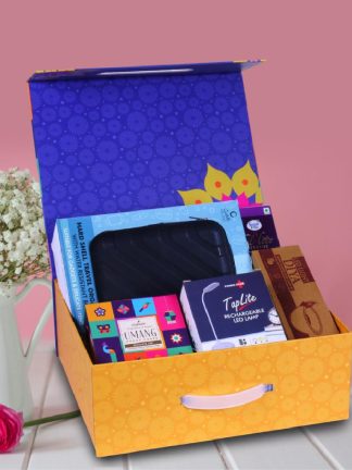 Diwali Gift Rechargeable Table Lamp, LED Light Diya Set of 6, Hard Shell Travel Organizer, Sugarfree D’Lite Cookies, Pooja Dhoop Cones in Magnetic Gift Box with Handle