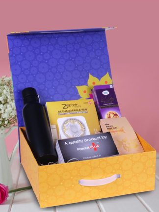 Diwali Gift Set Bolt SS Bottle 750Ml, Mini PC Speaker, Rechargeable 3 Speed Fan, Sugarfree D’Lite Cookies, Almonds Gift Pack in Magnetic Gift Box with Handle