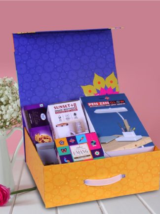Diwali Gift Set Rechargeable Lamp with Tumbler, Premium SS Suction Mug, Mini Mobile Stand, Sugarfree D’Lite Cookies, Pooja Dhoop Cones in Magnetic Gift Box with Handle