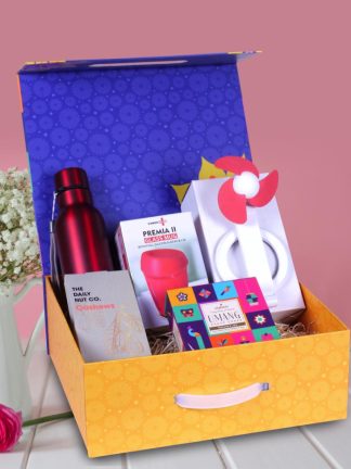 Diwali Gift Set Celebrate Diwali with a thoughtfully curated gift box featuring a 750ml Bolt SS Bottle, glass mug with silicone cover, USB table fan, premium cashew pack, and pooja dhoop cones—beautifully presented in a magnetic box with handle.