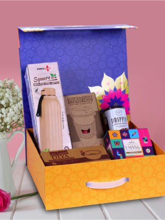 Diwali Gift Set Square Eco Insulated Bottle, Tall Bamboo Fiber Mug, LED Light Diya Set of 6, Pooja Dhoop Cones, Coffee Roll Sticks in Magnetic Gift Box with Handle