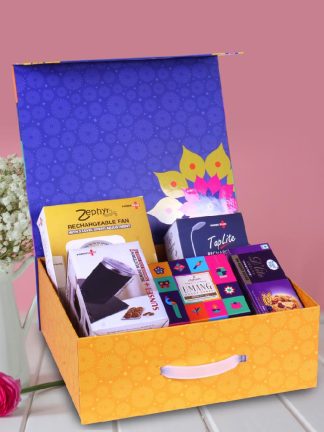 Diwali Gifts Rechargeable Table Lamp, Rechargeable 3 Speed Fan, Premium SS Suction Mug, Sugarfree D’Lite Cookies, Pooja Dhoop Cones in Magnetic Gift Box with Handle