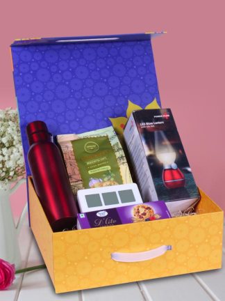 Diwali Gift Bolt SS Bottle 750Ml, Decorative LED Blow Lamp, Digital Clock with Backlight, Sugarfree D’Lite Cookies, Garlic Bruschetta in Magnetic Gift Box with Handle