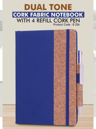 Dual tone Cork fabric notebook with Elastic Fastener & 4 refill Cork Pen