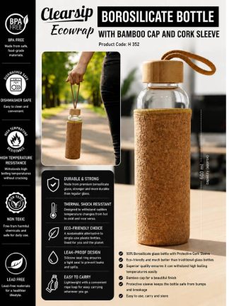 EcoWrap: Borosilicate Glass bottle with Bamboo Cap and Cork sleeve